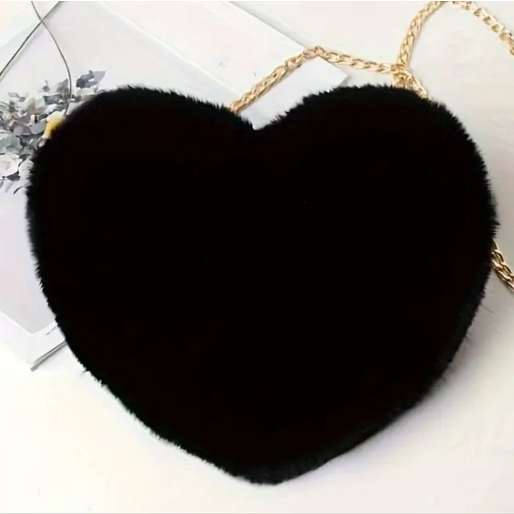 3 for $26 Soft Black Heart Shaped Fluffy Crossbody or Shoulder Bag w/ Gol…